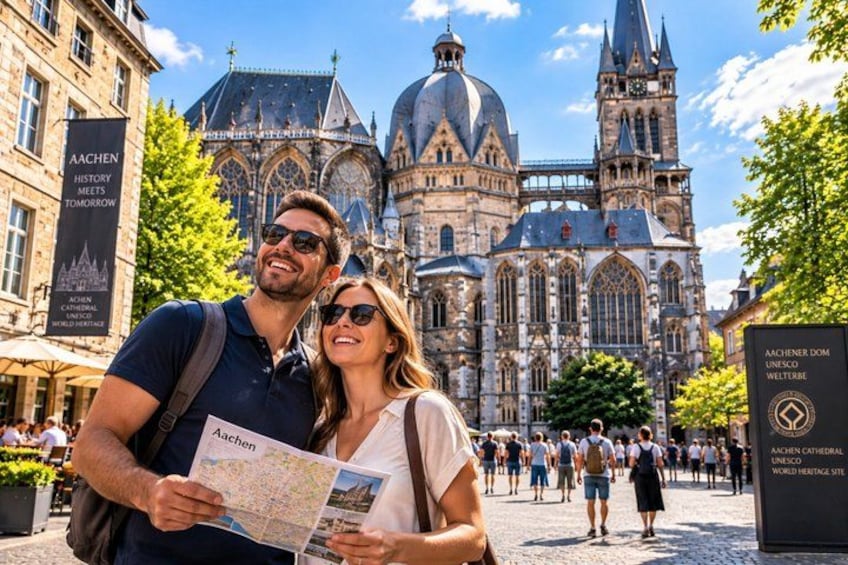 A couple holding a map in front of a historic cathedral with banners and a sign indicating it is a UNESCO World Heritage Site. 5
