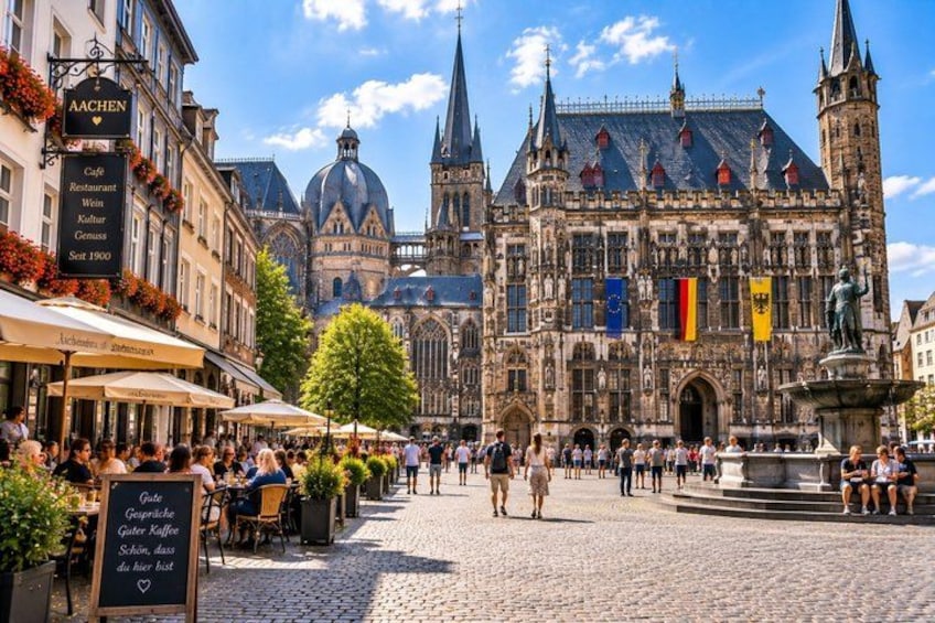 A cobblestone square with cafes, a historic building with flags, and a statue. 2