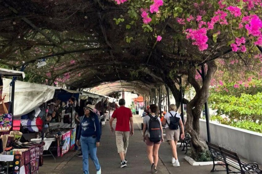 Une rue de marché couverte, où l’on voit des passants, des étals et des arbres aux fleurs roses. 3