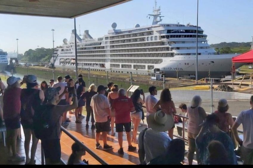 Un grand navire de croisière a accosté dans un port, et des personnes s’étaient rassemblées sur le quai. 4