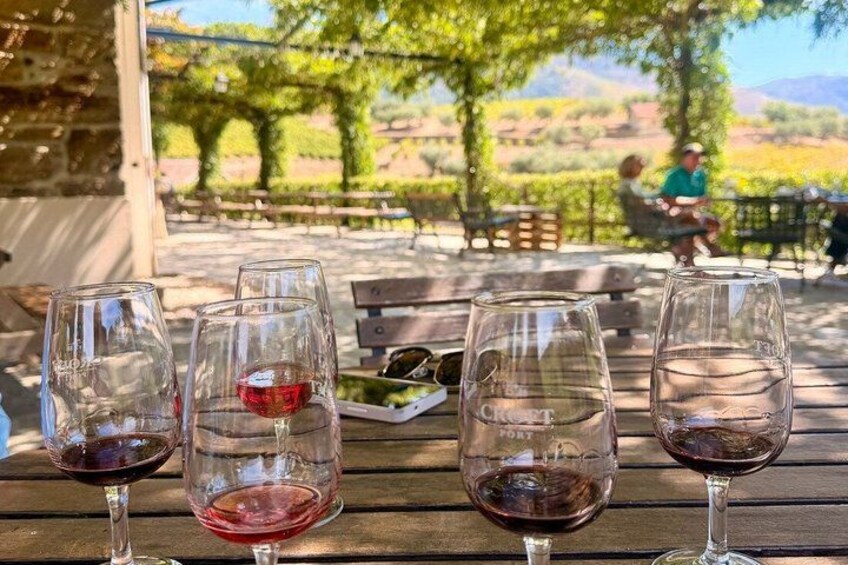 Four wine glasses on a wooden table with a vineyard in the background. 1