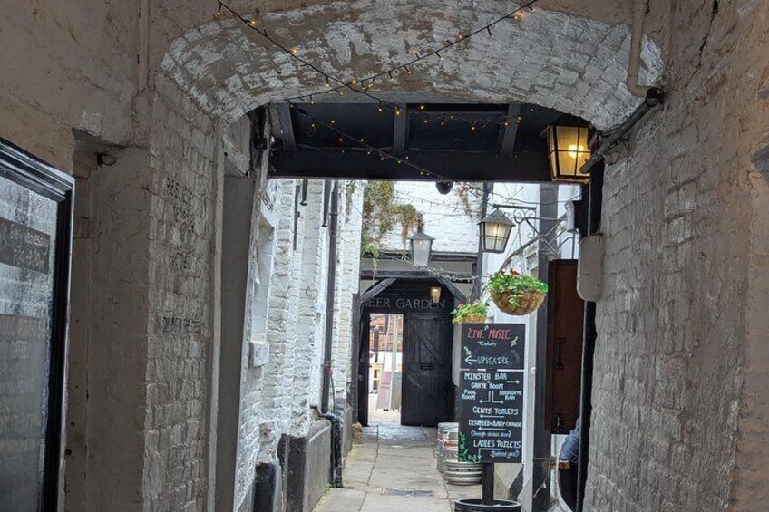 A narrow alleyway with a black gate, a chalkboard menu, and hanging plants. 3