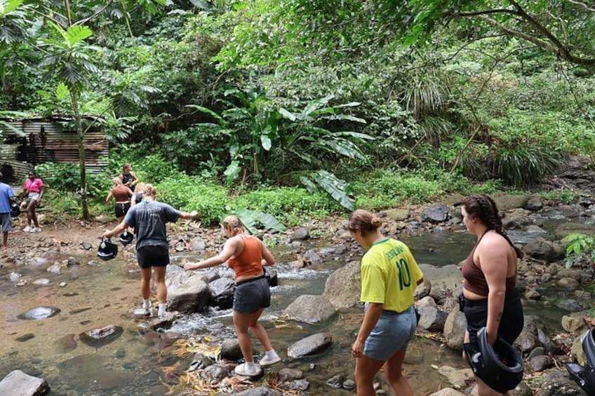 People crossing a shallow stream in a forested area. 3