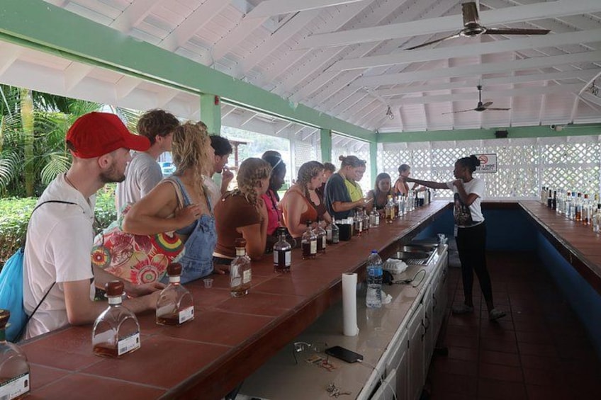 Un espace bar abrité, avec des clients debout et assis au comptoir, un barman et un comptoir où sont disposées des bouteilles et des verres. 4