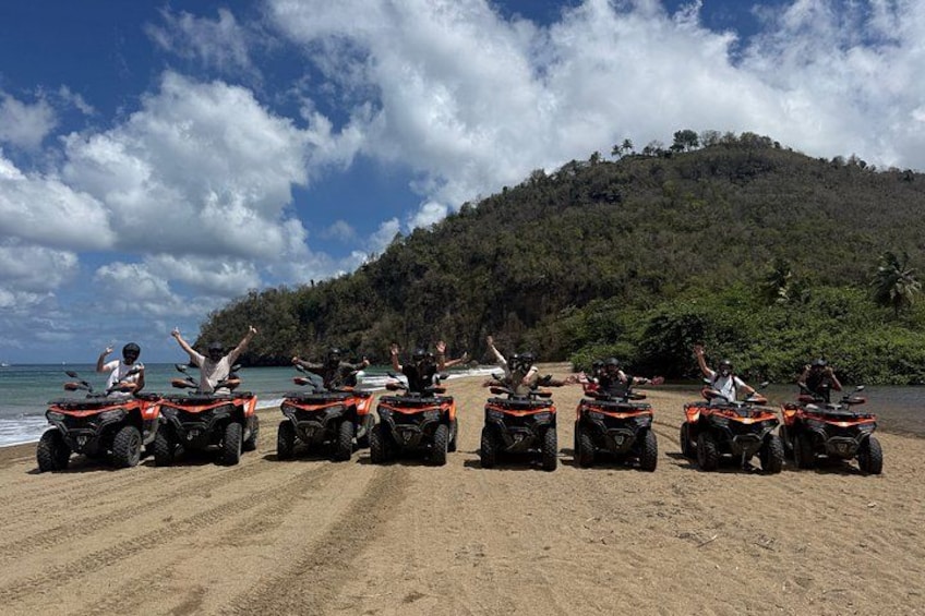 A row of ATVs on a sandy beach with a forested hill in the background. 5
