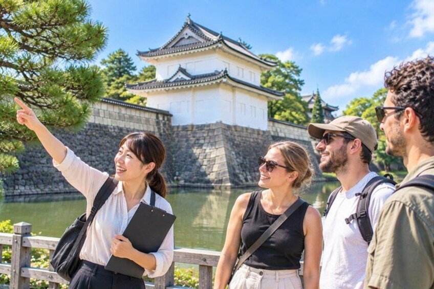 A group of people sightseeing near a traditional Japanese castle by a lake. 1