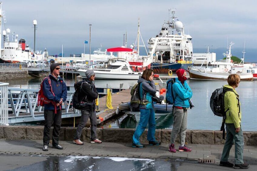 People standing by a waterfront with boats and a large ship in the background. 4
