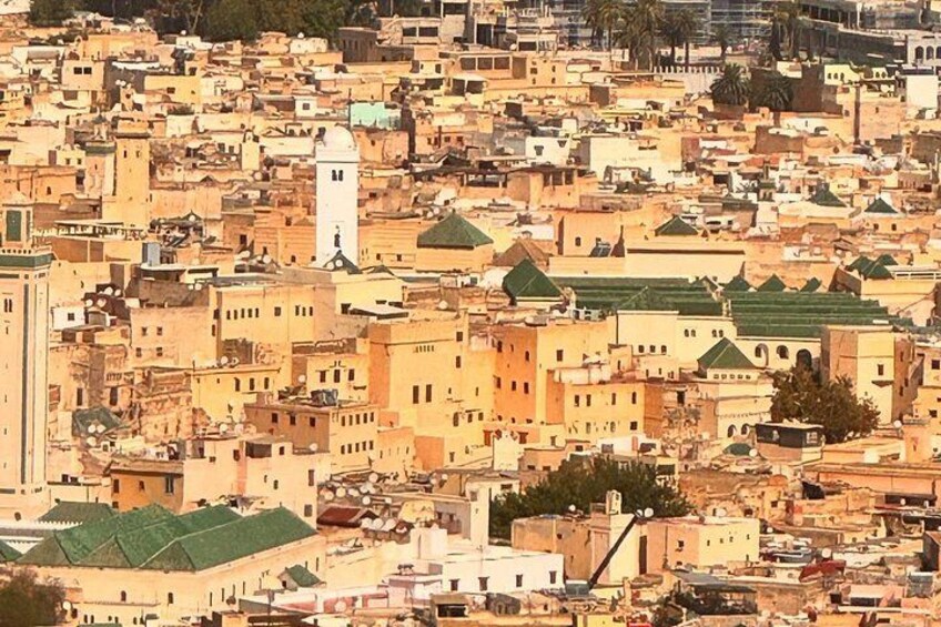 A densely packed urban area with numerous buildings, some with green roofs, and a prominent white tower. 3