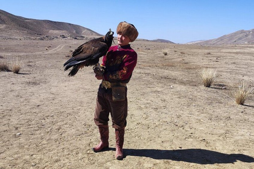 A person holding a bird in a desert landscape. 5