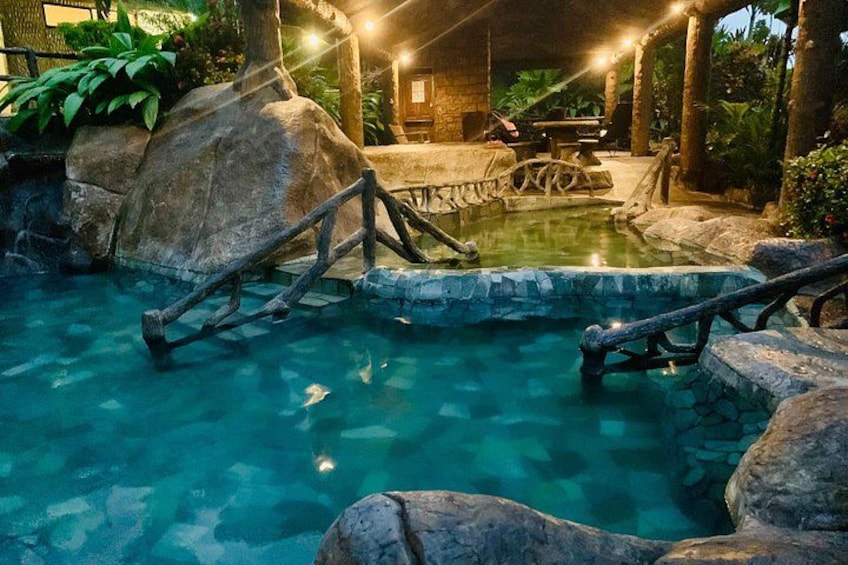 Une piscine aux eaux cristallines, avec un pont en bois, des rochers et un décor rustique. 2