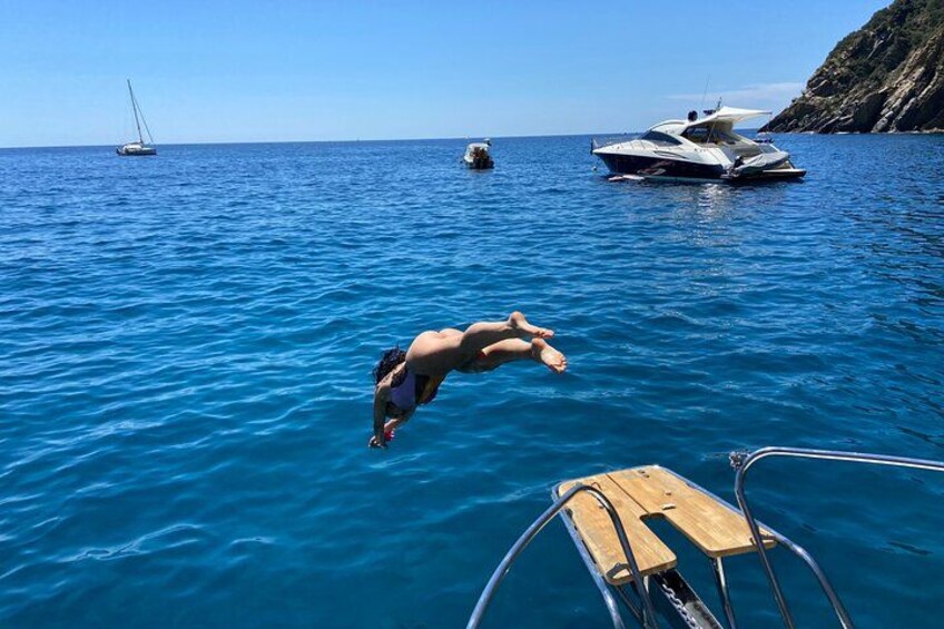 A person diving into the water from a dock, with boats and a rocky coastline in the background. 2