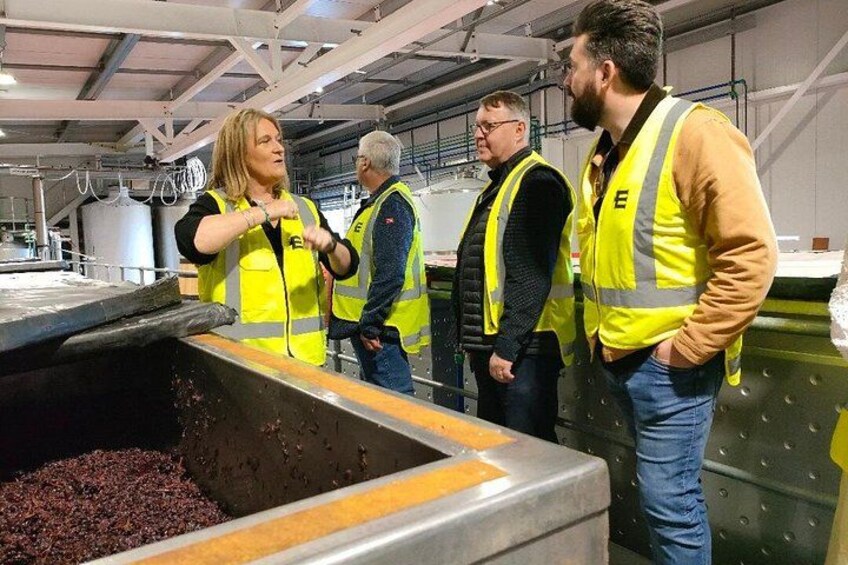 A group of people in a warehouse with industrial equipment and a large container of red material. 2