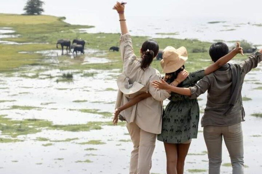 A group of people standing by a water body with elephants in the background. 4