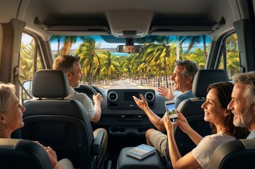 A vehicle interior with passengers looking out at a beach with palm trees. 5