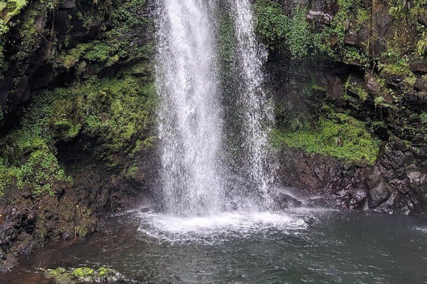 A waterfall cascading down a rocky cliff into a pool below. 1