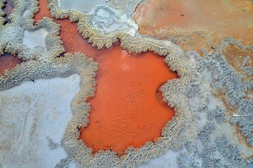 Een zoutvlakte met helder oranje mineraalaanslag, omringd door witte zoutkorsten. 2