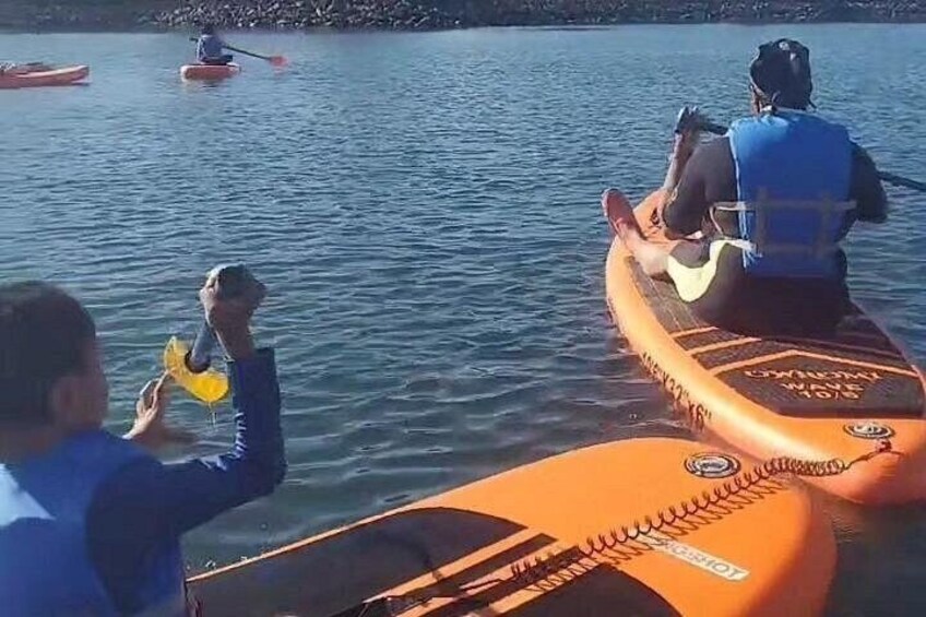 A person in a kayak on a calm body of water, another person in a kayak nearby, and a third person on a stand-up paddleboard. 1