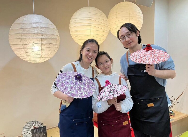 Three people holding umbrellas with floral patterns, standing in a room with hanging paper lanterns. 4