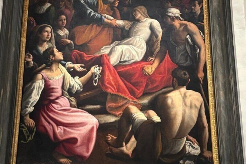A classical painting with figures in period attire, a red cloth, and a crowd. 5