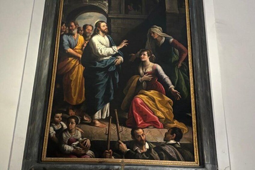 A classical painting with figures in period attire, a central figure gesturing, and a crowd observing. 3