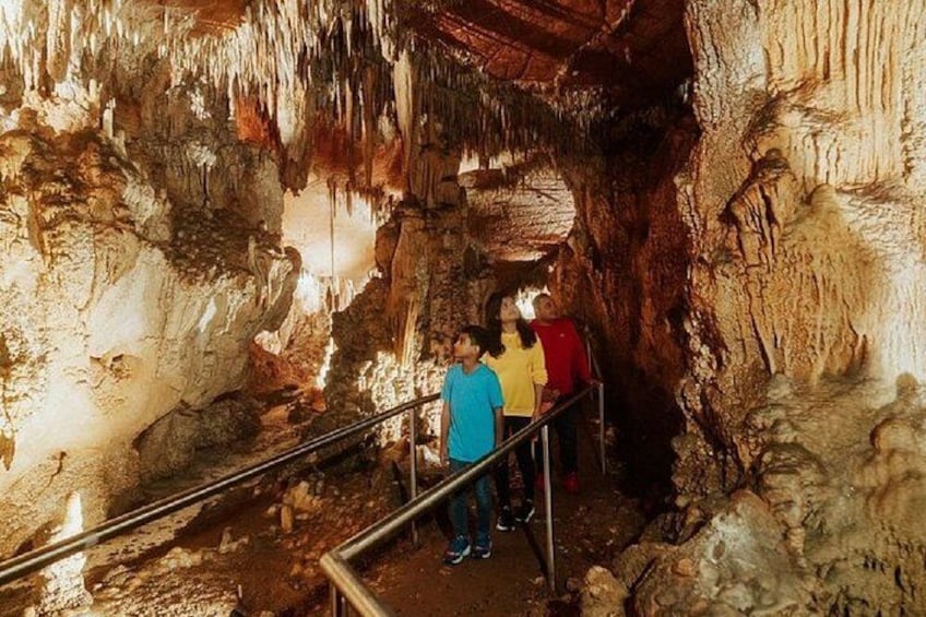 Una cueva con estalactitas y estalagmitas, una barandilla metálica y visitantes. 2