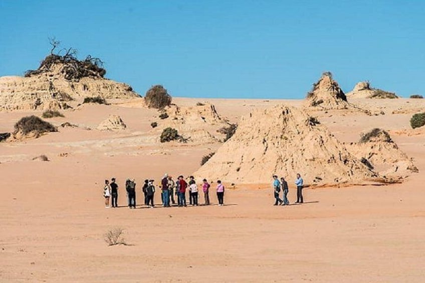En grupp människor som står i ett ökenlandskap med sanddyner och gles vegetation. 2