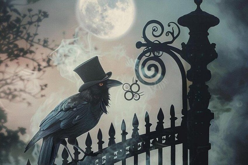 A crow wearing a top hat sitting on a fence with a moon in the background. 2