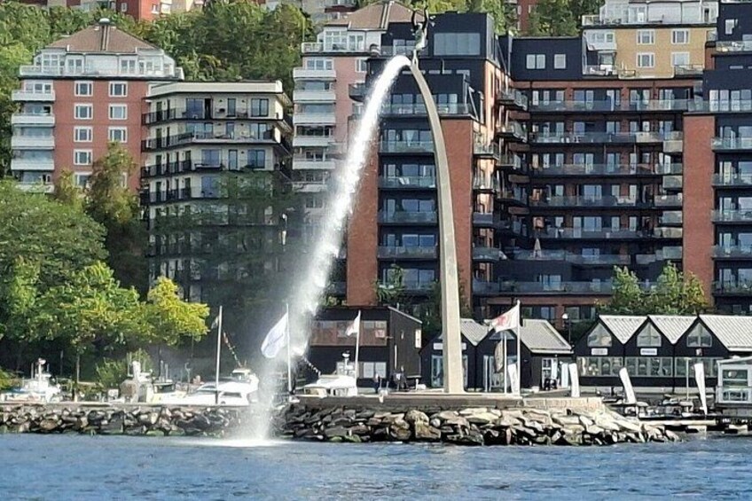 A water fountain shooting high into the air, surrounded by residential buildings and a dock with boats. 2