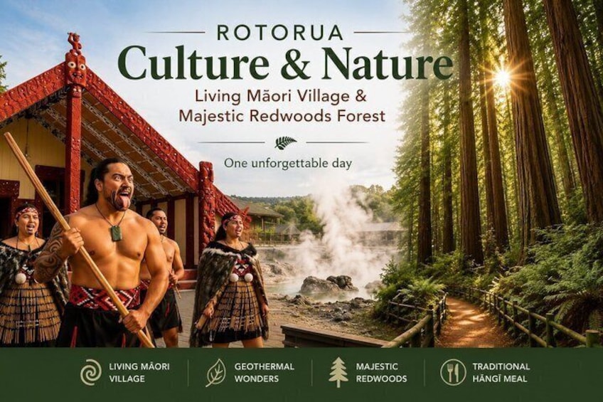 A traditional Māori village with red-roofed buildings and a forested area. 2