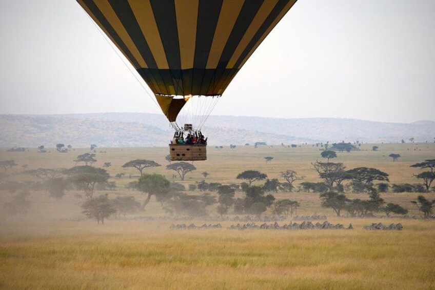 Eine Heißluftballon über einer Savannenlandschaft mit Bäumen und fernen Hügeln. 3