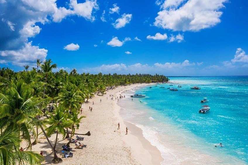 A beach with clear turquoise water, palm trees, and boats. 1