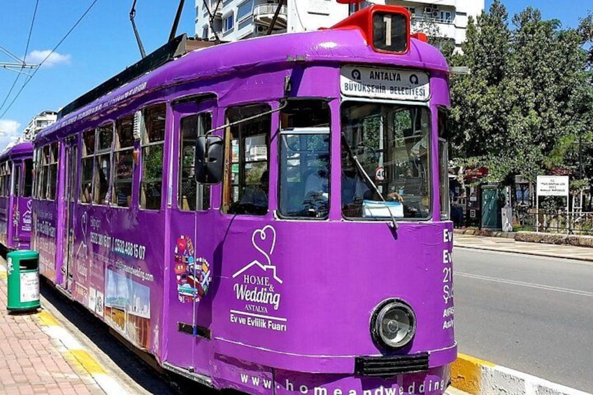 Eine violette Straßenbahn mit dem Schriftzug 'Home Wedding' und der Nummer 1 fährt auf einer Stadtstraße. 4
