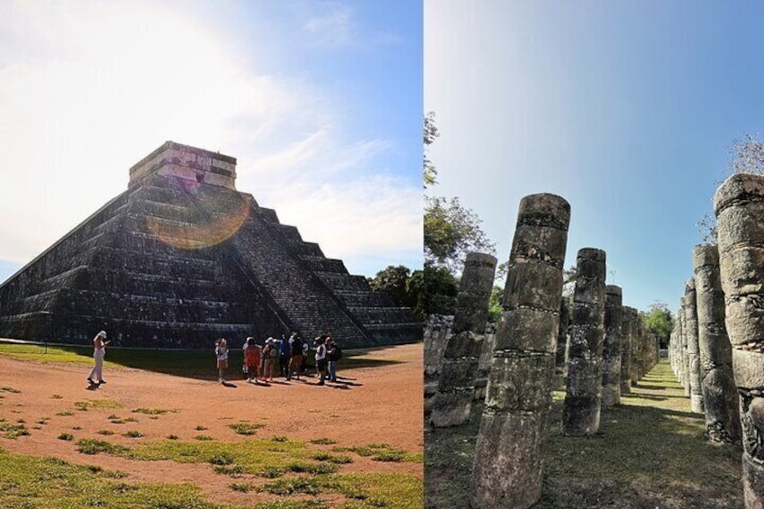 A large pyramid and a series of stone columns. 1