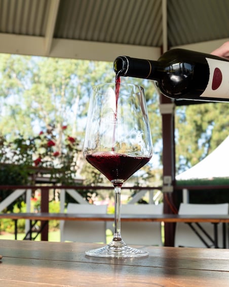 A wine bottle pouring red wine into a glass. 5