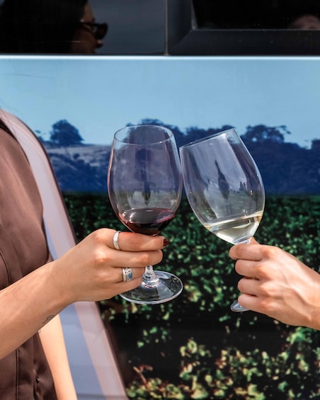 Two people holding wine glasses, one with red wine and the other with white wine, against a backdrop of a vineyard. 2