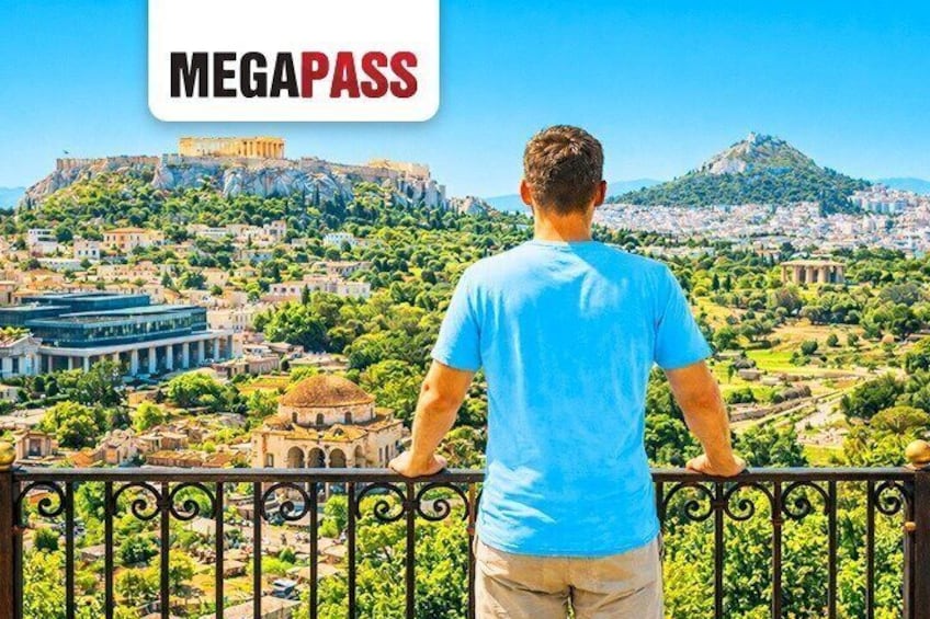 A person overlooking a cityscape with ancient ruins and a hilltop fortress. 1