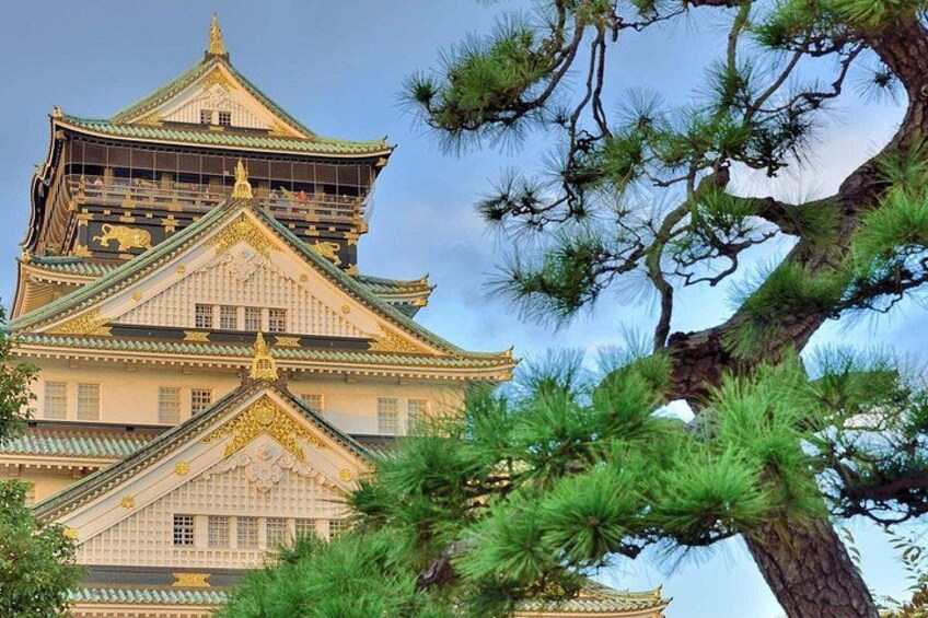 Eine traditionelle japanische Burg mit mehreren Geschossen und aufwendiger goldener Verzierung, umgeben von Kiefern. 1