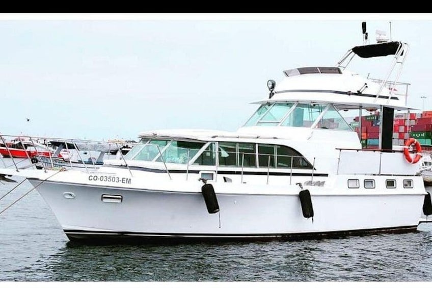 A white boat with the registration number CO-03503-EM docked at a marina. 2