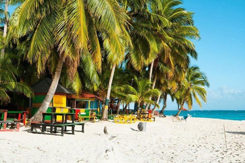 A beach with palm trees, a colorful building, and a clear blue sky. 5