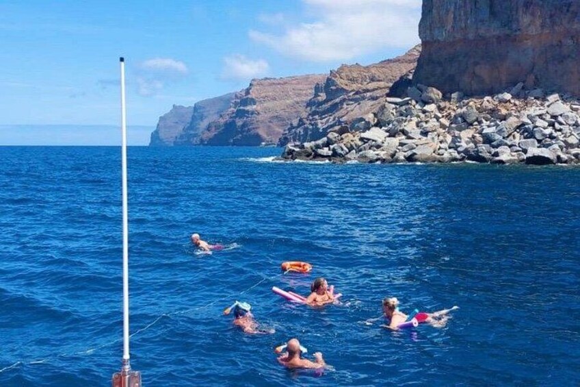 People swimming and floating in the ocean near a rocky coastline. 3