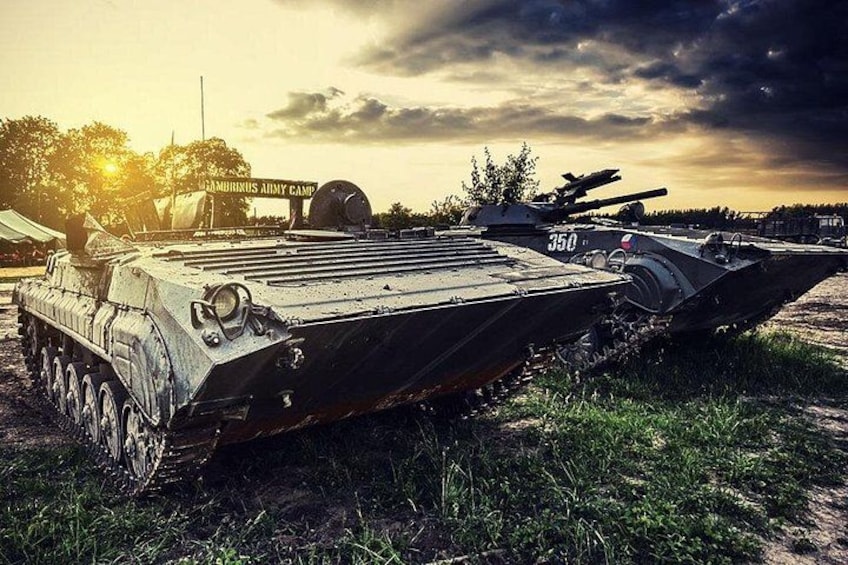A military tank with the number 350, parked on grass with a cloudy sky in the background. 1