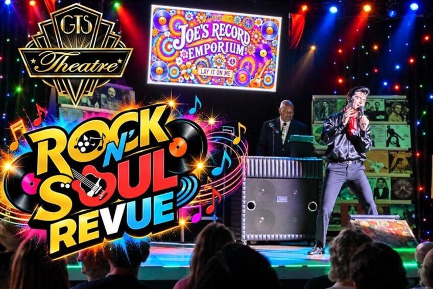 A stage with a 'Rock Soul Revue' sign, a DJ booth, and a large screen displaying 'Joe's Record Emporium.' 1