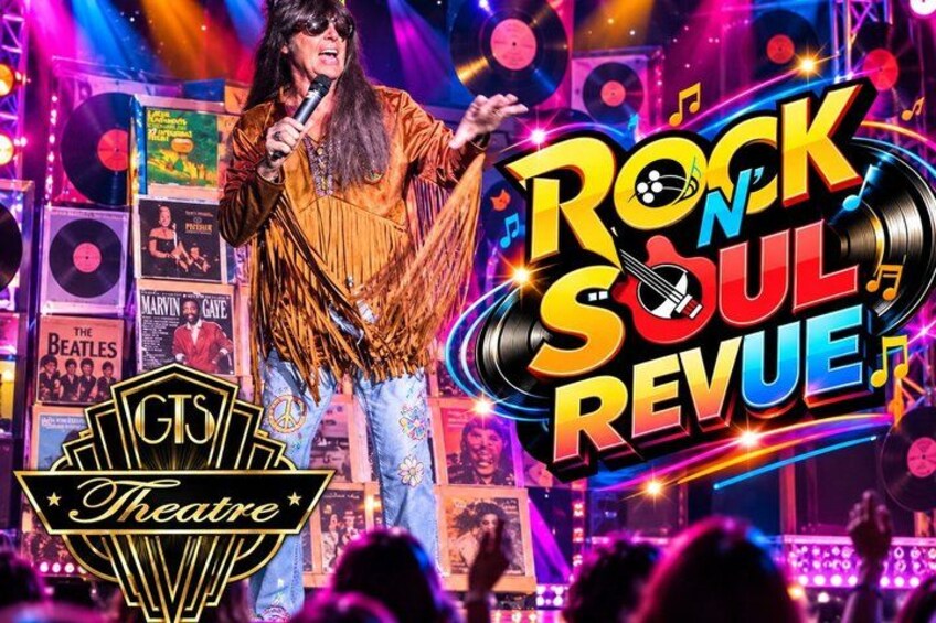 A person performing on stage with a microphone, surrounded by colorful stage lights and a 'Rock 'n Soul Revue' sign. 4