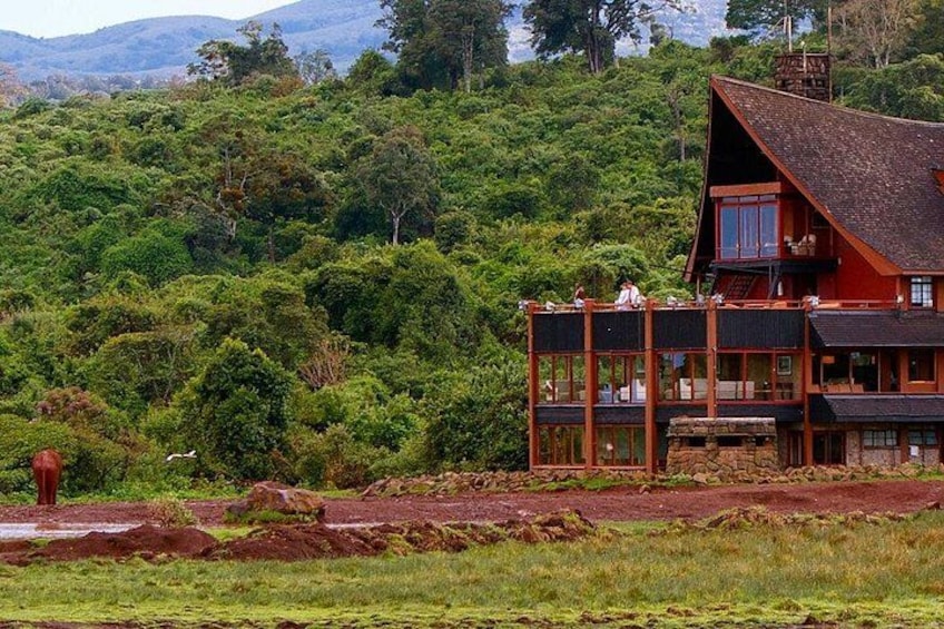 A red wooden house with a balcony, surrounded by lush green forest and hills in the background. 1