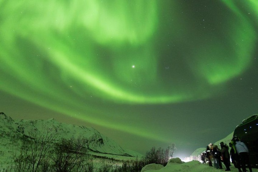 Auroras boreales sobre un paisaje nevado, con personas observando. 5