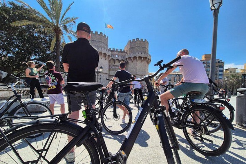 People riding bicycles, a castle, and palm trees. 3