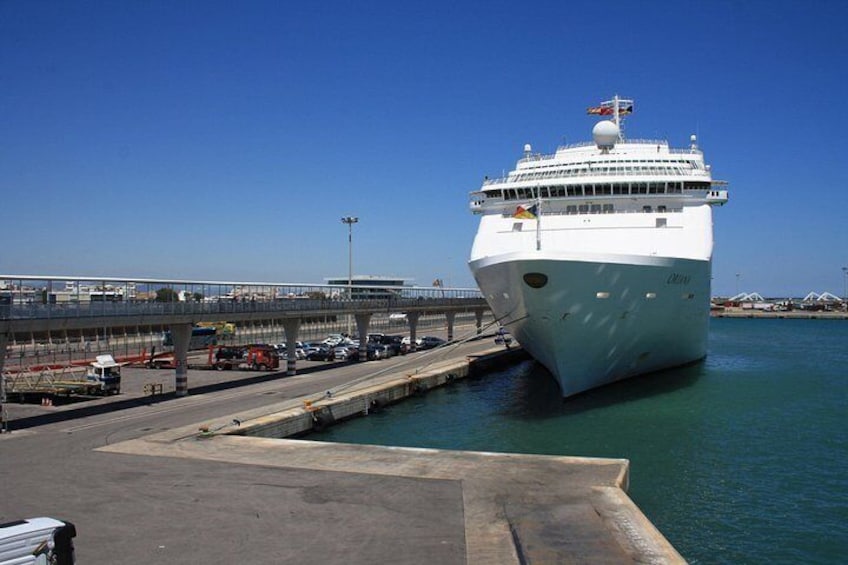 A large cruise ship docked at a port with a clear sky and a bridge in the background. 1