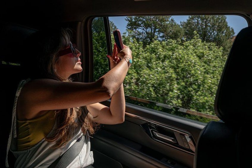 A person holding a smartphone inside a vehicle, with a view of trees and greenery outside the window. 2