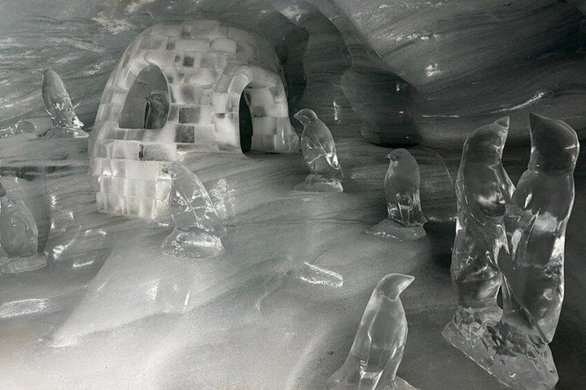Un iglú de hielo con pingüinos alrededor. 3
