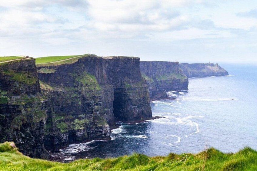 A coastal cliff with steep cliffs and a grassy foreground. 1